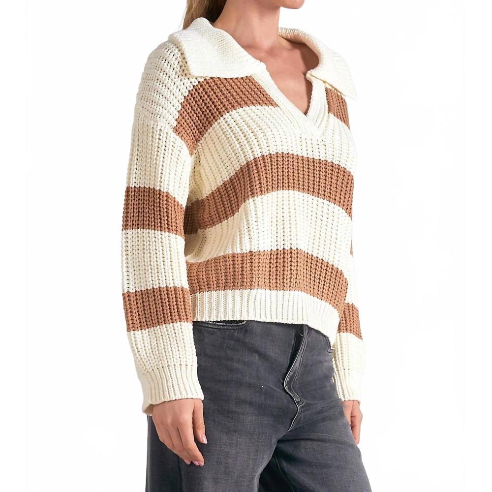 NEW ELAN striped v-neck collared sweater in camel - Picture 2 of 4